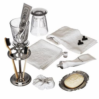 Household Washing Essentials Including Glass Cups Soap Dispensers White Towels Cleaning Brushes And Bar Soap 3d model
