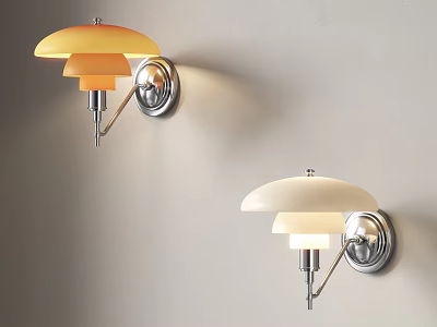Two Modern Wall Lamps With Silver Base And Yellow White Round Shades Mounted On Wall 3d model