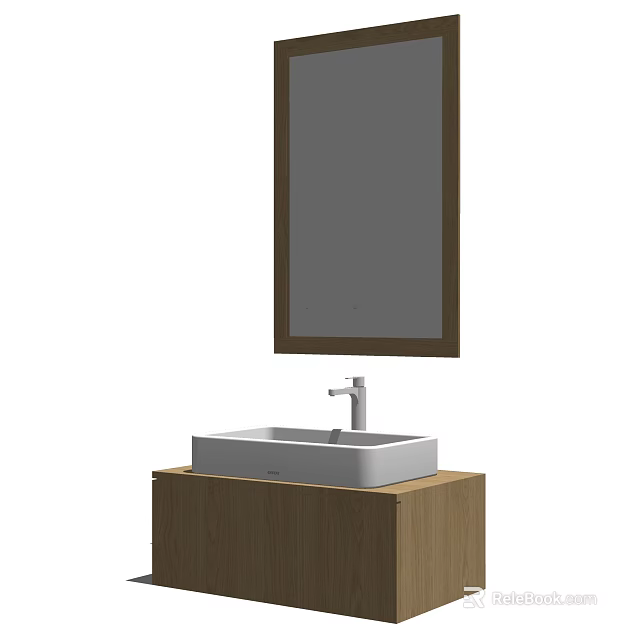 Modern Bathroom Vanity With White Sink Faucet And Wooden Frame Mirror 3d model 