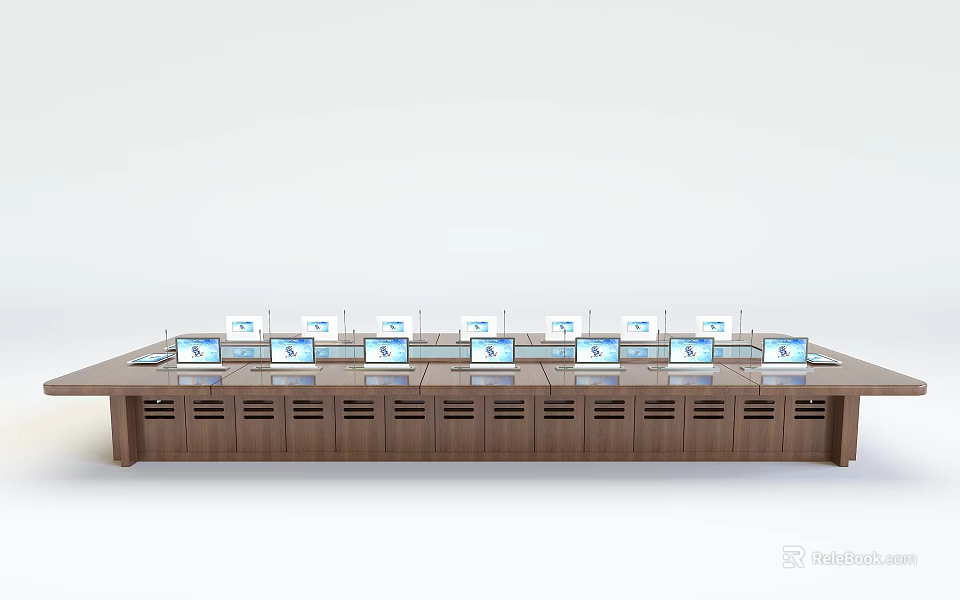 Modern Wooden Conference Table with Multiple Screens Neatly Arranged in Meeting Room 3d model 