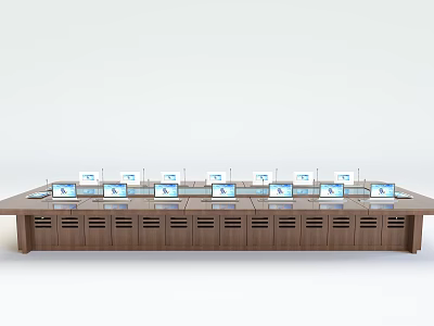 Modern Wooden Conference Table with Multiple Screens Neatly Arranged in Meeting Room 3d model