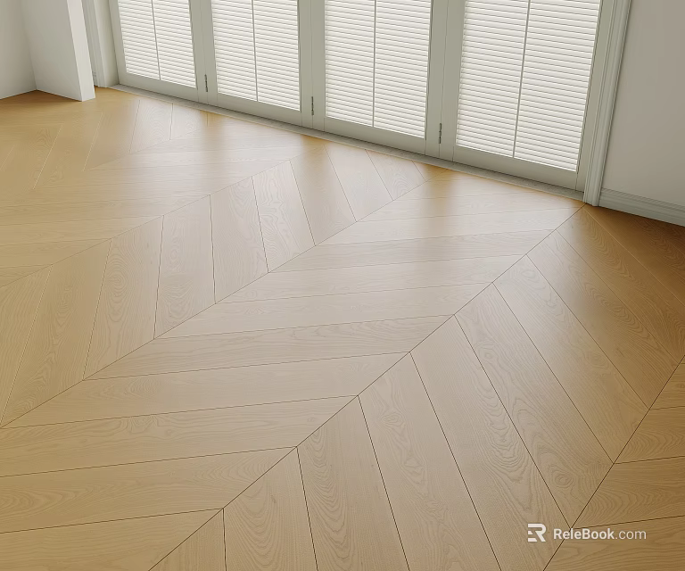 Light Wooden Herringbone Floor In Bright Room With Windows 3d model 