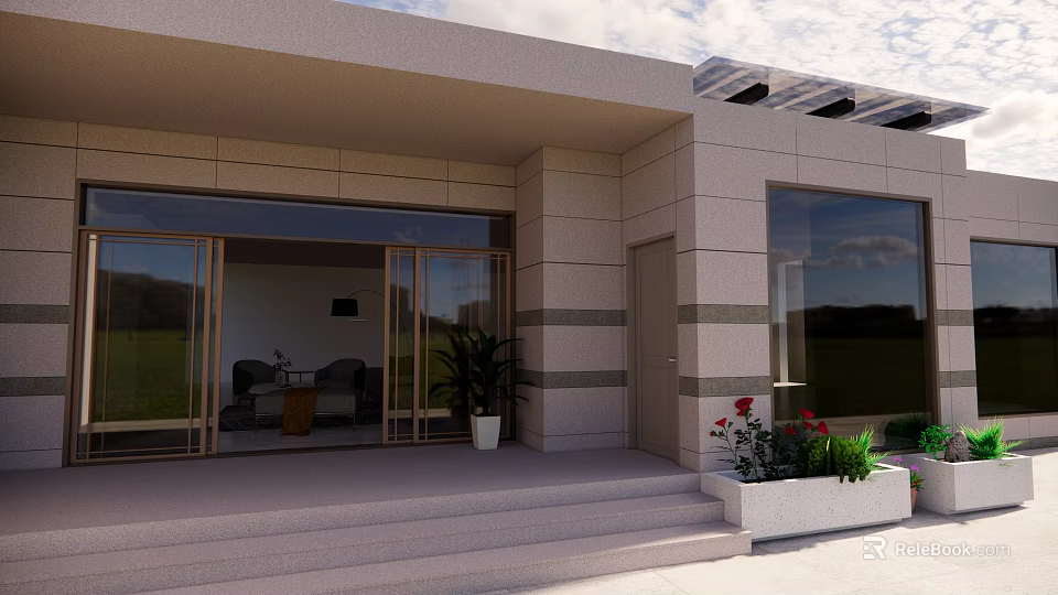 Front Garden of Modern House with Steps Glass Door and Planter Featuring Red Green Plants 3d model 