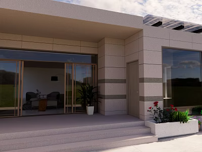 Front Garden of Modern House with Steps Glass Door and Planter Featuring Red Green Plants 3d model