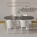 Modern Black Oval Dining Table Set With White Yellow Chairs And Pendant Light 3d model