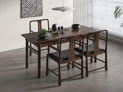 Modern Wooden Tea Table And Chairs With Tea Sets Wall Art And Ceiling Lamp 3d model