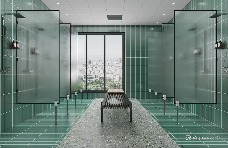Elegant SPA Sauna Interior With Glass Walls Green Tiles And City View Bench 3d model 