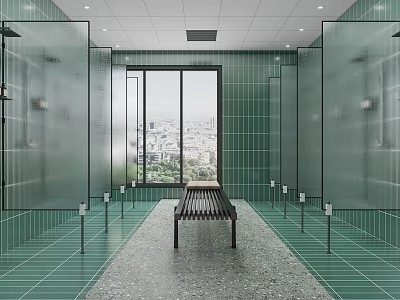 Elegant SPA Sauna Interior With Glass Walls Green Tiles And City View Bench 3d model