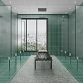 Elegant SPA Sauna Interior With Glass Walls Green Tiles And City View Bench