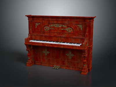 Vintage Red Upright Piano With Ornate Carvings And Wooden Cabinet Design 3d model