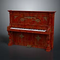 Vintage Red Upright Piano With Ornate Carvings And Wooden Cabinet Design