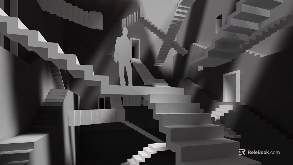 Stairs in Monochrome Abstract Maze like Structure with Interconnected Geometric Design and Human Silhouette 3d model 
