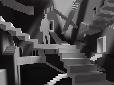 Stairs in Monochrome Abstract Maze like Structure with Interconnected Geometric Design and Human Silhouette 3d model