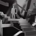 Stairs in Monochrome Abstract Maze like Structure with Interconnected Geometric Design and Human Silhouette