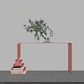 White Wall With Orange Curved Table Green Plant Book And Stack Of Orange White Books