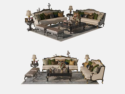 Classic Sofa Coffee Table Set with Decorative Pillows Side Tables And Lamps 3d model