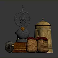 Vintage Kitchen Utensils Collection Featuring Copper Kettle Manual Grinder Metal Containers And Red Fruits In Wicker Basket