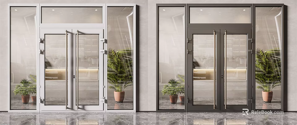 Modern Entrance Doors With Glass Panels And Metal Frames Beside Potted Plants 3d model 