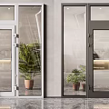 Modern Entrance Doors With Glass Panels And Metal Frames Beside Potted Plants