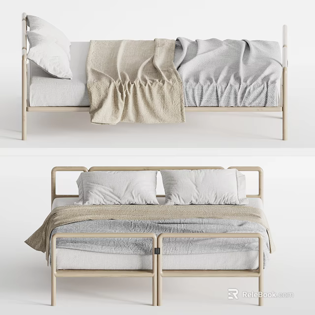 Minimalist Double Bed With Light Wood Frame Soft Pillows And Cozy Blanket 3d model 