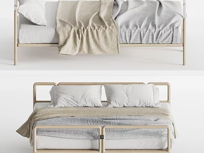 Minimalist Double Bed With Light Wood Frame Soft Pillows And Cozy Blanket 3d model