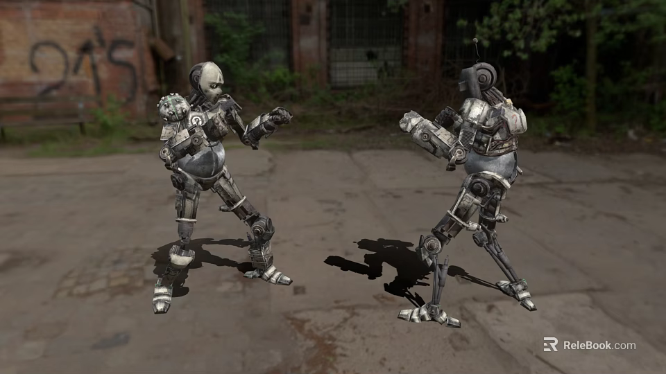 Two Smart Robots Facing Each Other In Outdoor Abandoned Industrial Zone 3d model