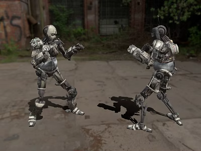 Two Smart Robots Facing Each Other In Outdoor Abandoned Industrial Zone 3d model