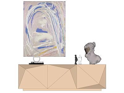 Modern Geometric TV Stand With Abstract Painting And Decorative Sculptures 3d model