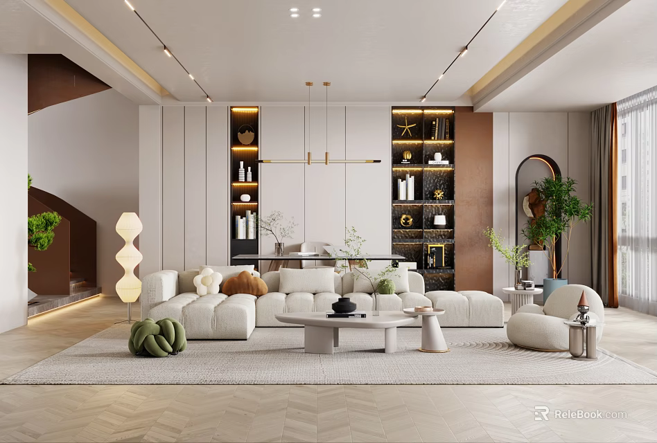 Modern Living Room Interior Design With White Sofa Coffee Table Bookshelves And Pendant Lights 3d model 