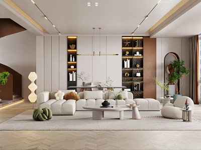 Modern Living Room Interior Design With White Sofa Coffee Table Bookshelves And Pendant Lights 3d model