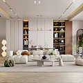Modern Living Room Interior Design With White Sofa Coffee Table Bookshelves And Pendant Lights