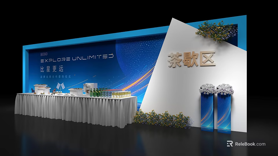Tea Break Area with Blue Backdrop White Decorations Long Table Refreshments Green Plants Flower Pillars 3d model 