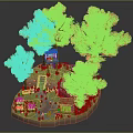 Cartoon Autumn Scene with Red and Yellow Trees Small House Path and Flower Bed
