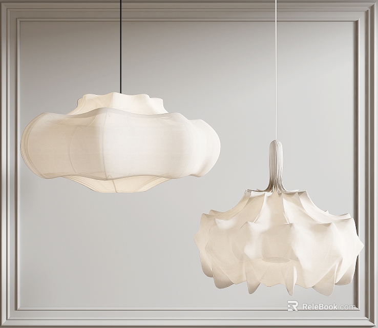 Two White Pendant Lights with Soft Ruffled Design in Modern Minimalist Interior Decor 3d model 