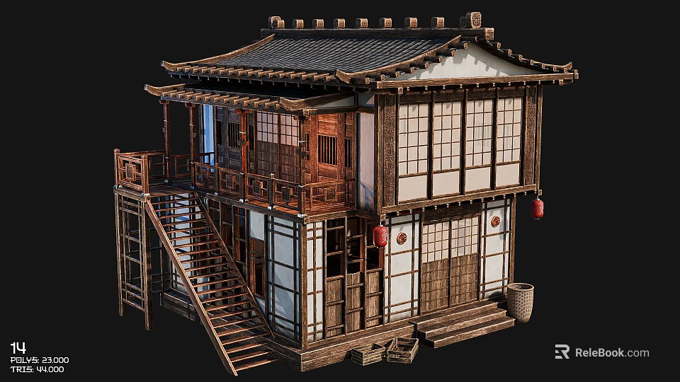 Traditional Ancient Two Story Architecture With Wooden Structure Tile Roof Red Lanterns And Lattice Windows 3d model 