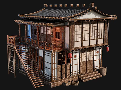 Traditional Ancient Two Story Architecture With Wooden Structure Tile Roof Red Lanterns And Lattice Windows 3d model