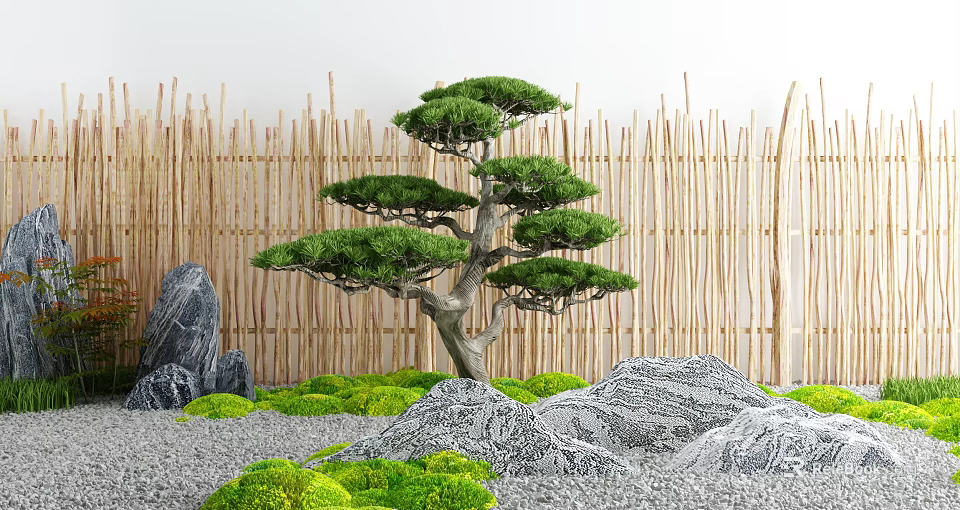 Japanese Style Courtyard Garden With Bonsai Pine Tree Bamboo Fence Rocks And Moss 3d model 