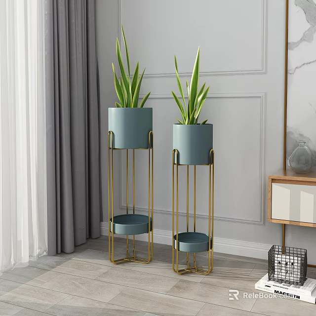 Blue Ceramic Planters On Gold Metal Plant Stands In Modern Room With Gray Curtains 3d model 