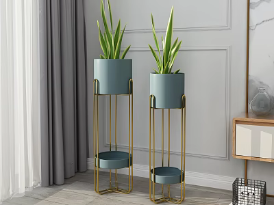 Blue Ceramic Planters On Gold Metal Plant Stands In Modern Room With Gray Curtains 3d model