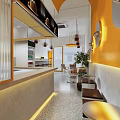 Modern Milk Tea Shop Interior With Open Bar Counter Hanging Lamps And Orange Accents