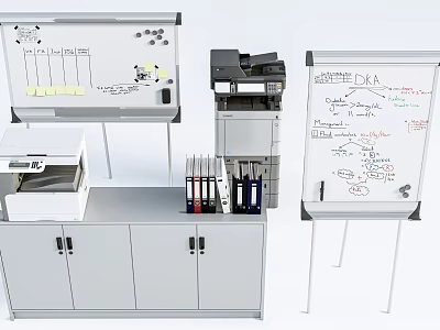 Public Office Facilities With Whiteboard Printer Cabinet And Organized Folders 3d model