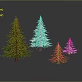 Various Sizes Green and Snow Covered Pine Trees on Dark Background with Reflections