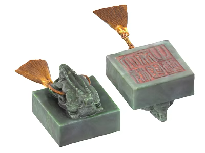 Green Jade Seal Sculptures With Intricate Animal Carvings And Tassel Details 3d model