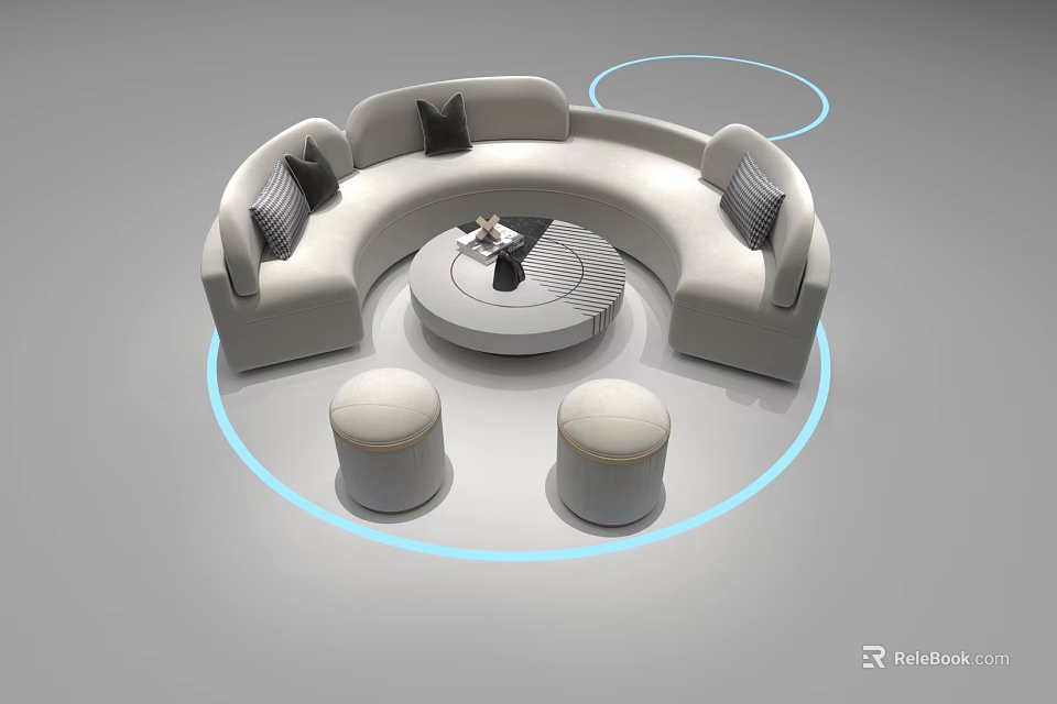 Modern Curved Light Gray Sofa Coffee Table Set with Dark Cushions and Round Stools 3d model