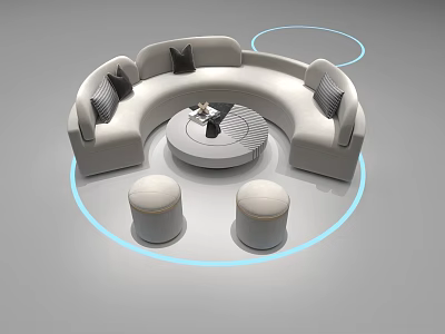 Modern Curved Light Gray Sofa Coffee Table Set with Dark Cushions and Round Stools 3d model