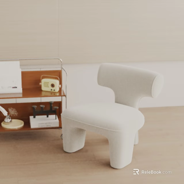 White Upholstered Leisure Chair In Modern Interior With Wooden Shelf And Decorative Items 3d model 