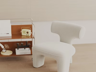 White Upholstered Leisure Chair In Modern Interior With Wooden Shelf And Decorative Items 3d model