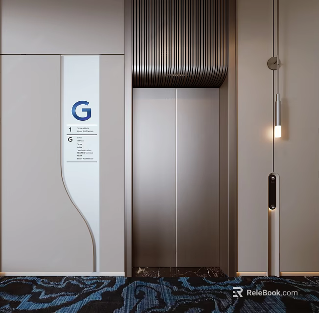 Modern Hotel Elevator Hall With Silver Doors G Panel Striped Decoration And Lighting 3d model