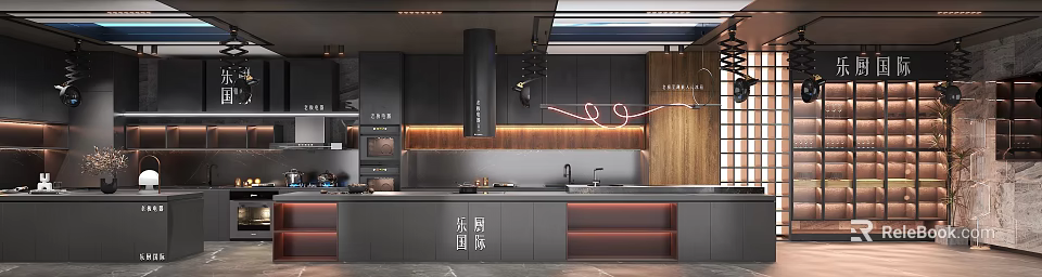 Modern Kitchen Interior Design With Grey Cabinets Wooden Accents And Neon Light 3d model 