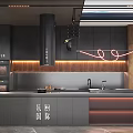 Modern Kitchen Interior Design With Grey Cabinets Wooden Accents And Neon Light